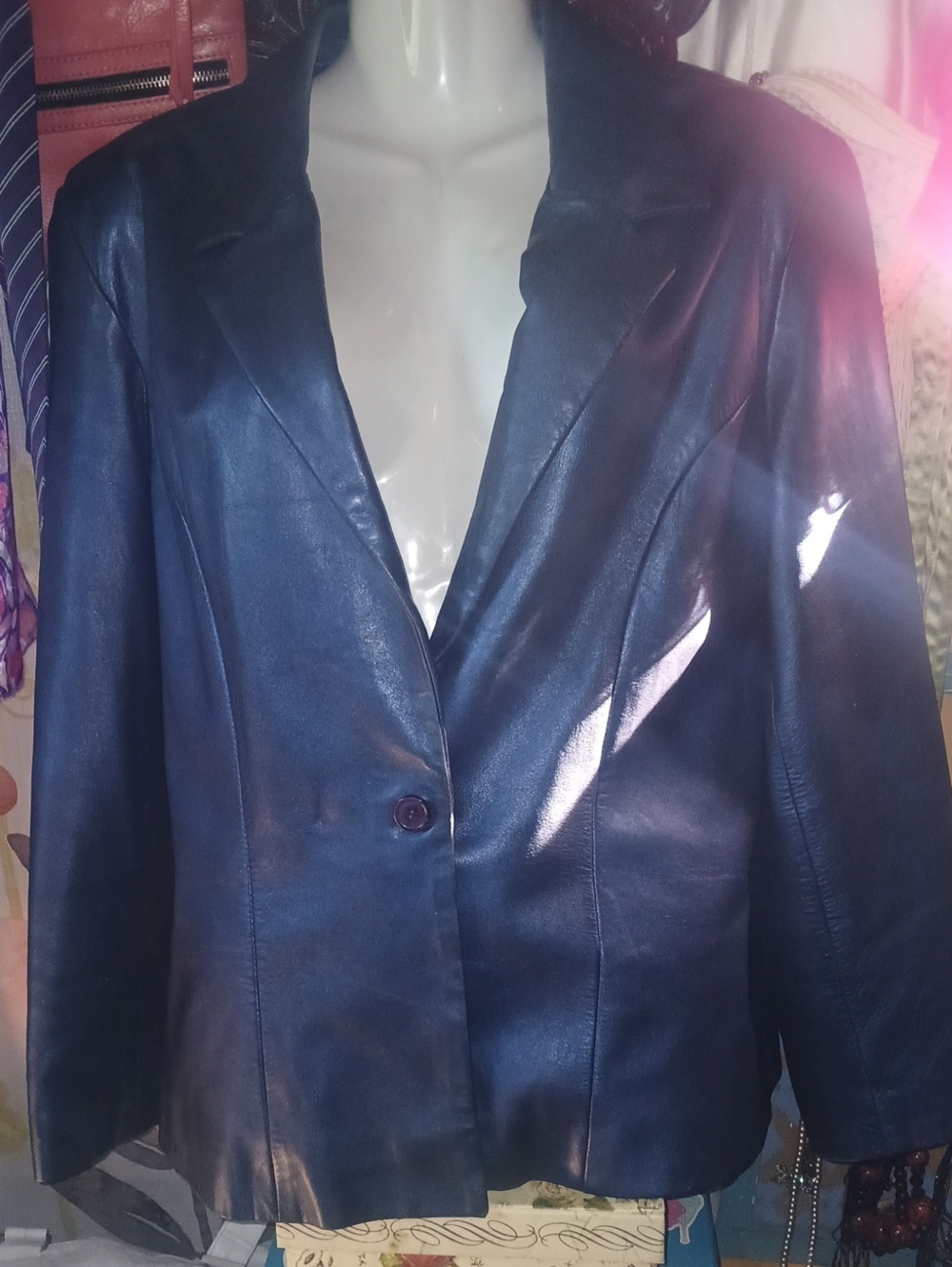 90s Vintage Excelled Navy Leather 1 Button Blazer Large